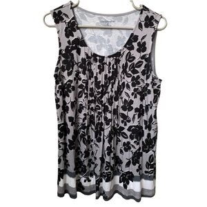 CROFT & BARROW Gray Black White Floral Print Sleeveless Rounded Neck Tank Top